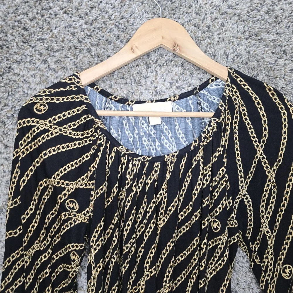 Michael Kors Top Womens Small Black Chain Print Scoop Neck Peasant Blouse Ladies